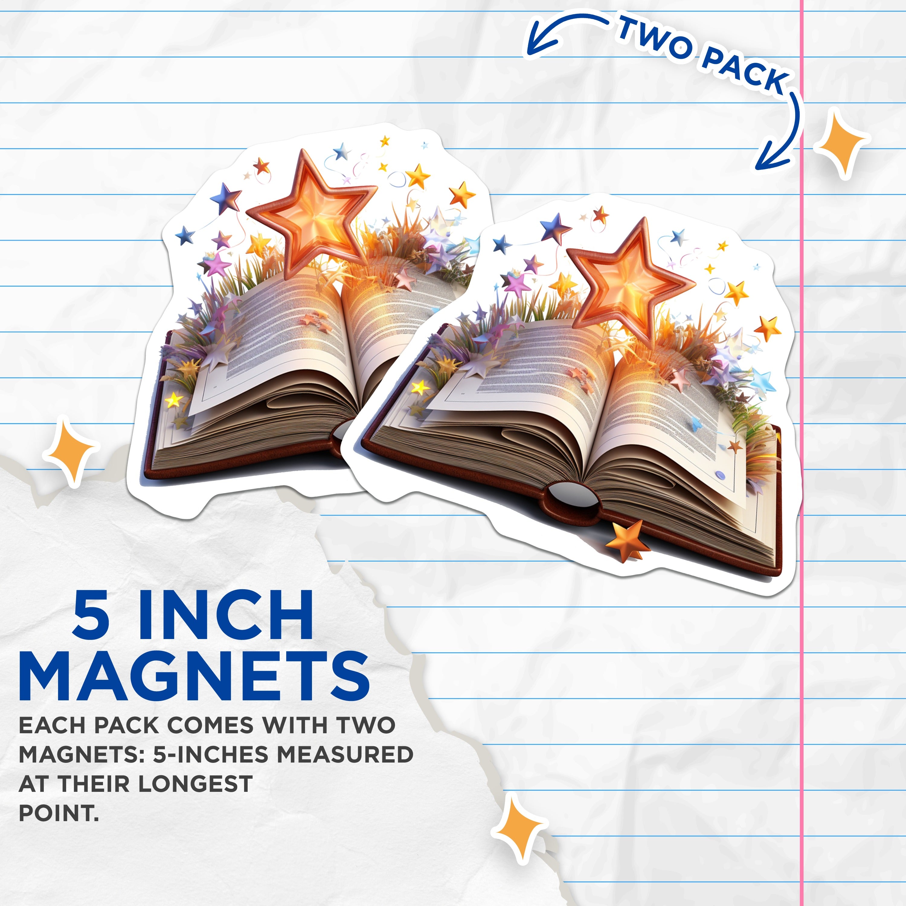 (2 Pack) Magical Book Star Magnets - Reading Fantasy Decor - Literary Librarian Gifts - Storyteller Inspiration - 5 Inches On Longest Side - Thick Durable Magnet - Made in USA - MAG38263