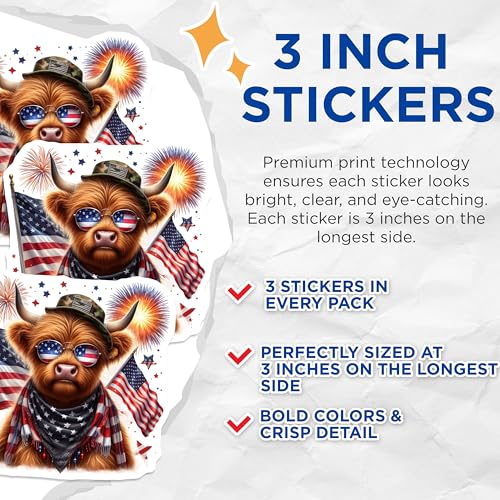 (3 Pack) Patriotic Highland Cow Decals - American Flag Decals - USA Celebration Decorations- 3 Inches On Longest Side - Easy Peel & Apply - Made in USA - 3MCS5114
