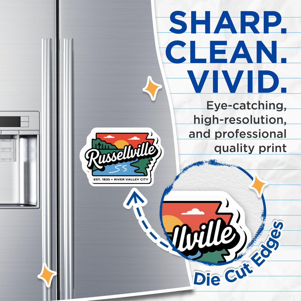 (2 Pack) Russellville Magnets - River Valley City - Arkansas Travel Decor - 5" On Longest Side - Premium Magnet - for Cars, Refrigerators, Toolboxes, Lockers - Made in USA - MAG17218