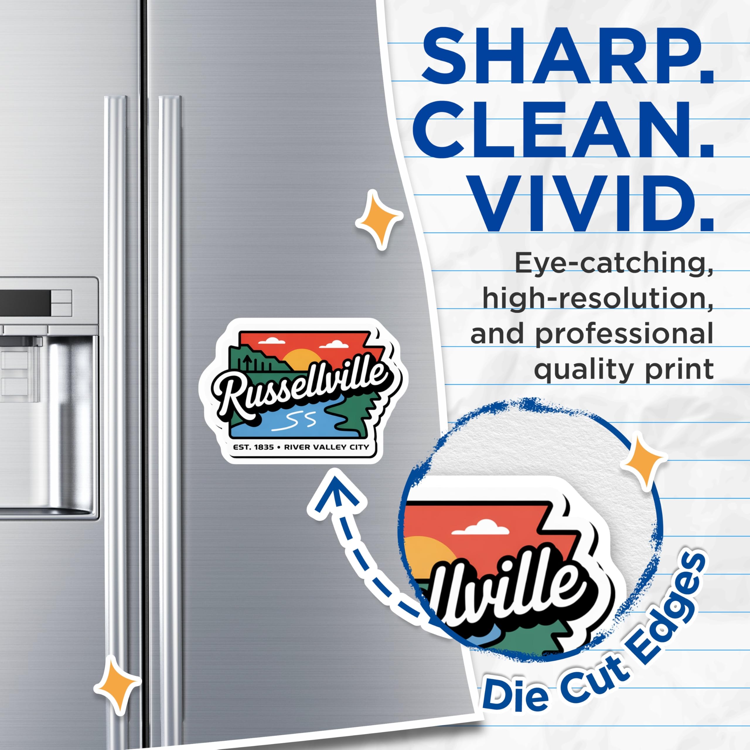 (2 Pack) Russellville Magnets - River Valley City - Arkansas Travel Decor - 5" On Longest Side - Premium Magnet - for Cars, Refrigerators, Toolboxes, Lockers - Made in USA - MAG17218