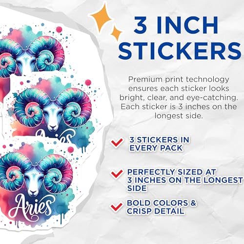 (3 Pack) Aries Zodiac Decals - Astrology Sign - Laptop Sticker- 3 Inches On Longest Side - Easy Peel & Apply - Made in USA - 3MCS5225