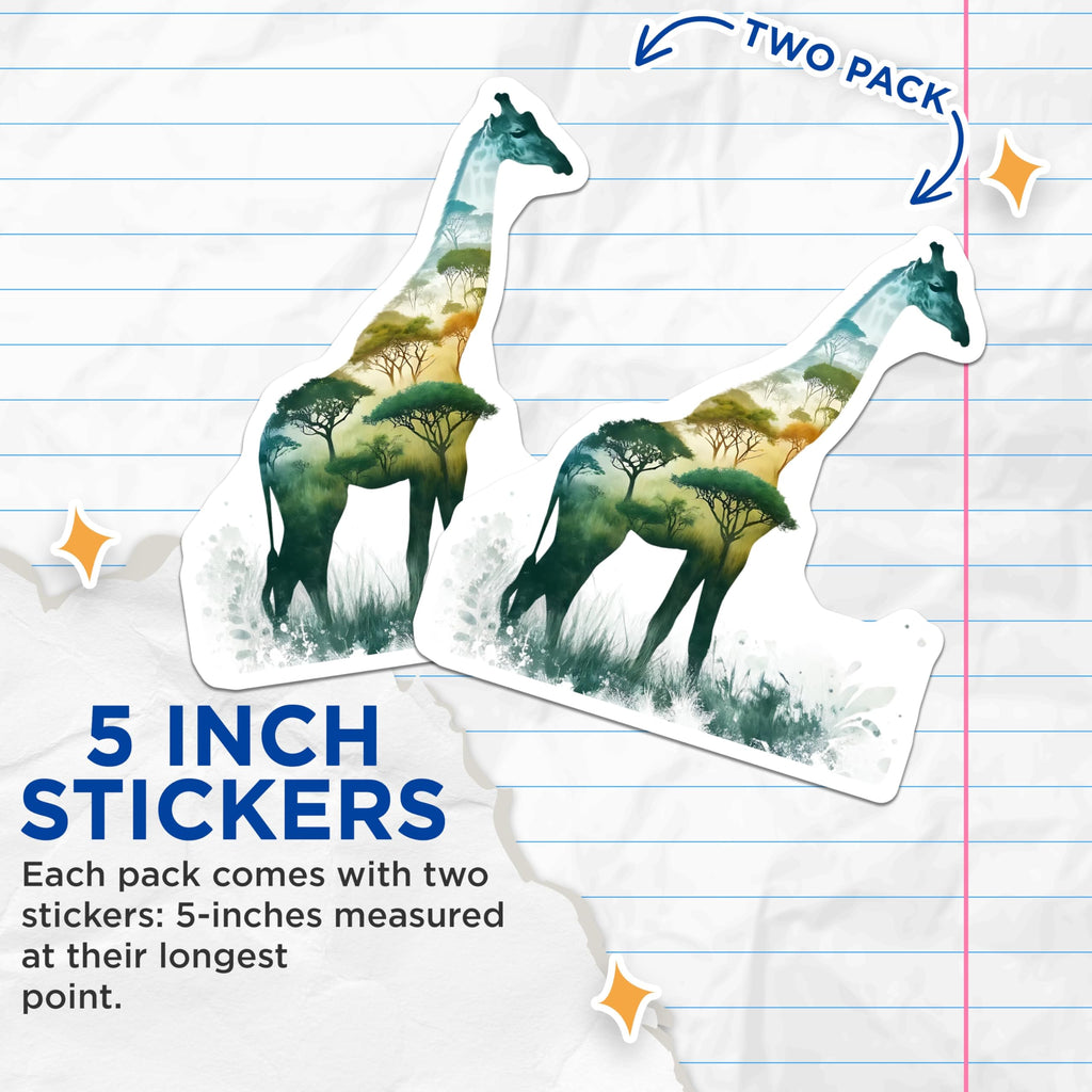 (2 Pack) Giraffe Safari Stickers - Savannah Animal Stickers - Nature Inspired Art Stickers - 5" On Longest Side - Sticks to Smooth Flat Surfaces - Made in USA - BMCS15726