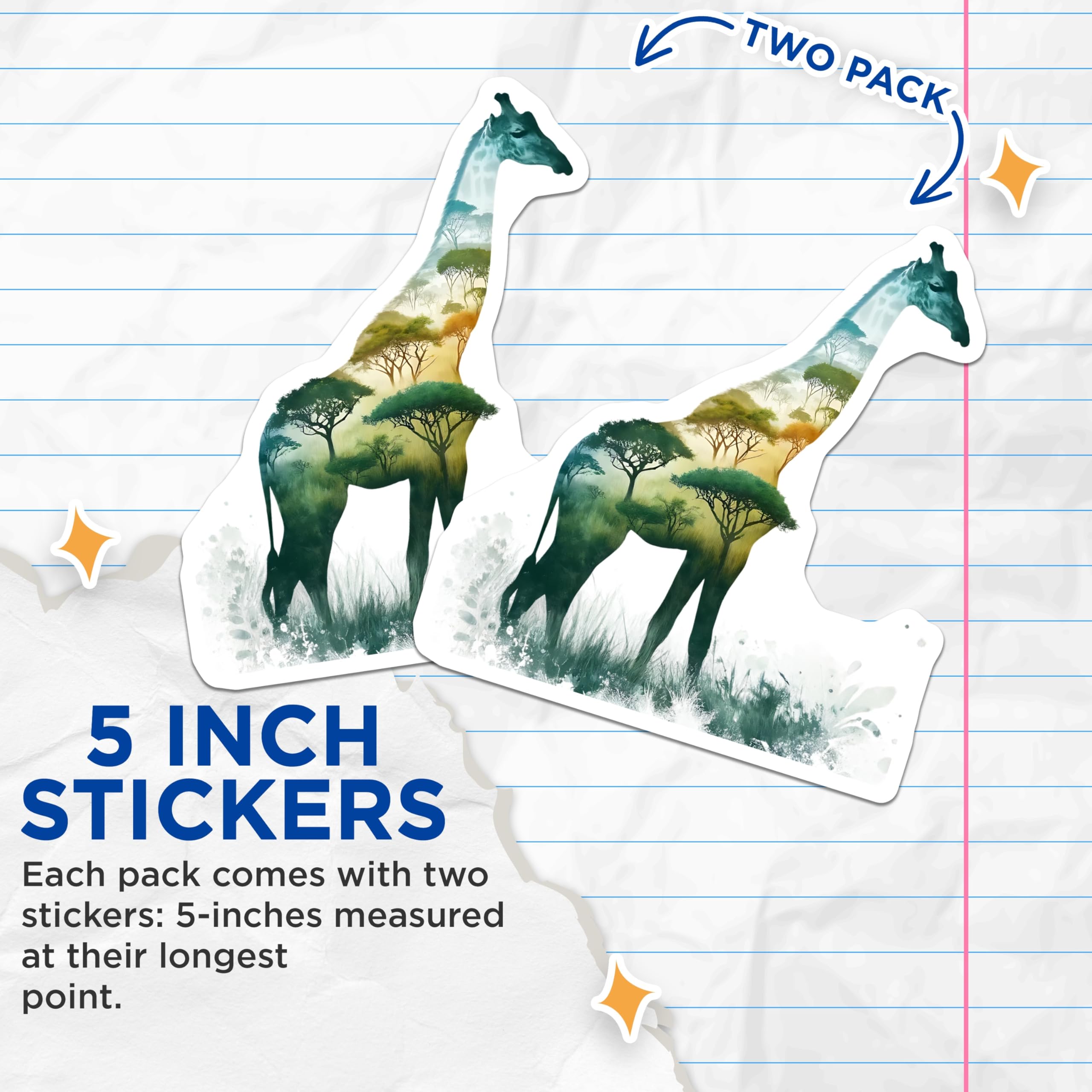 (2 Pack) Giraffe Safari Stickers - Savannah Animal Stickers - Nature Inspired Art Stickers - 5" On Longest Side - Sticks to Smooth Flat Surfaces - Made in USA - BMCS15726