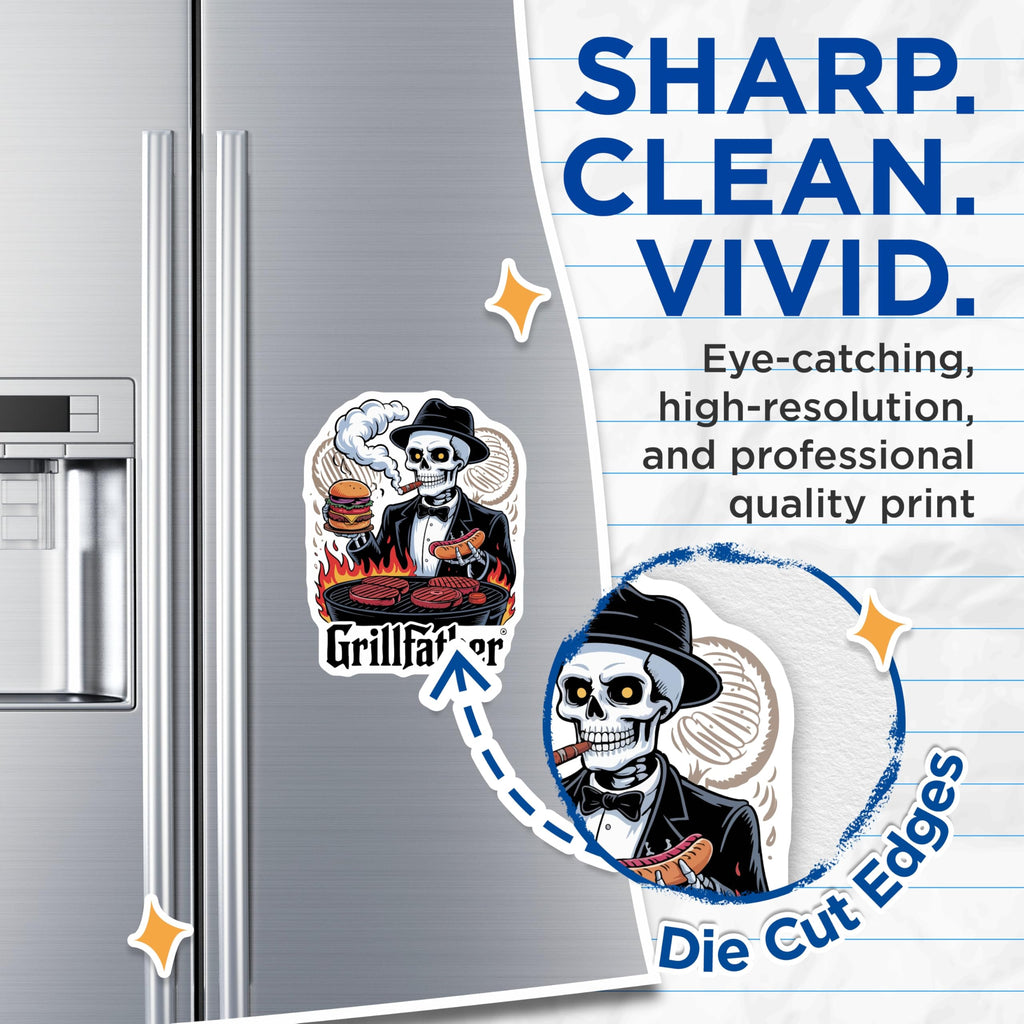 (2 Pack) Grillfather Magnets - Skeleton BBQ Decor - Funny Grill Master - Smoking Cigar - Hamburger Hotdog Art - 5 Inches On Longest Side - Thick Durable Magnet - Made in USA - MAG22568