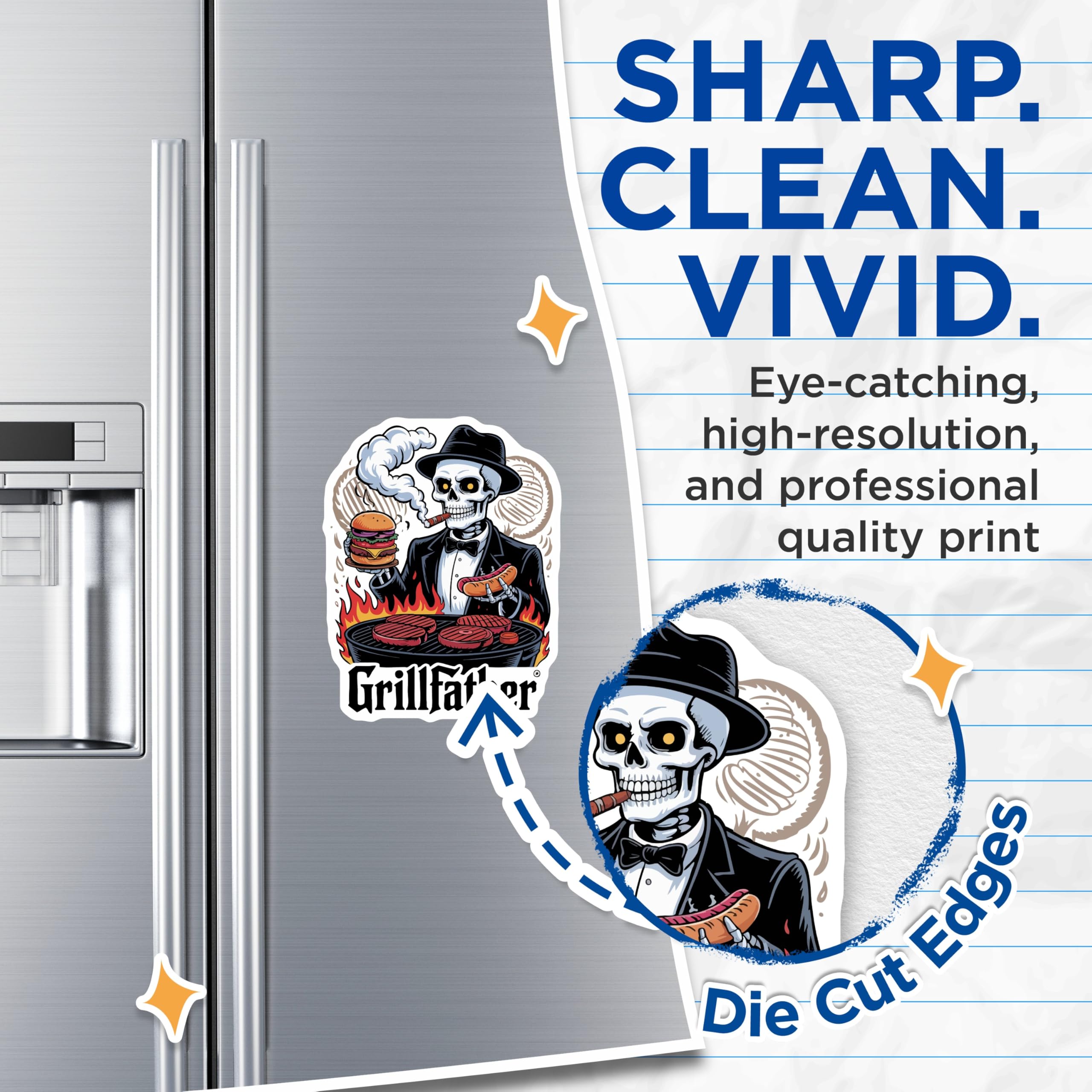 (2 Pack) Grillfather Magnets - Skeleton BBQ Decor - Funny Grill Master - Smoking Cigar - Hamburger Hotdog Art - 5 Inches On Longest Side - Thick Durable Magnet - Made in USA - MAG22568
