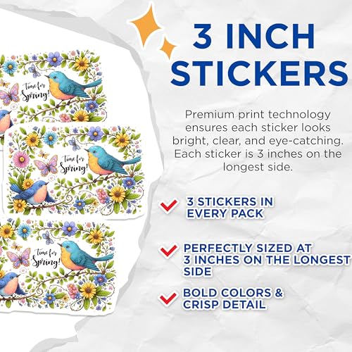 (3 Pack) Spring Bird Decals - Floral Flower Stickers - Laptop Stickers - 3 Inches On Longest Side - Easy Peel & Apply - Made in USA - 3MCS6764