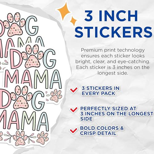 (3 Pack) Dog Mama Decals - Cute Dog Paw Print - Laptop Decals- 3 Inches On Longest Side - Easy Peel & Apply - Made in USA - 3MCS5491