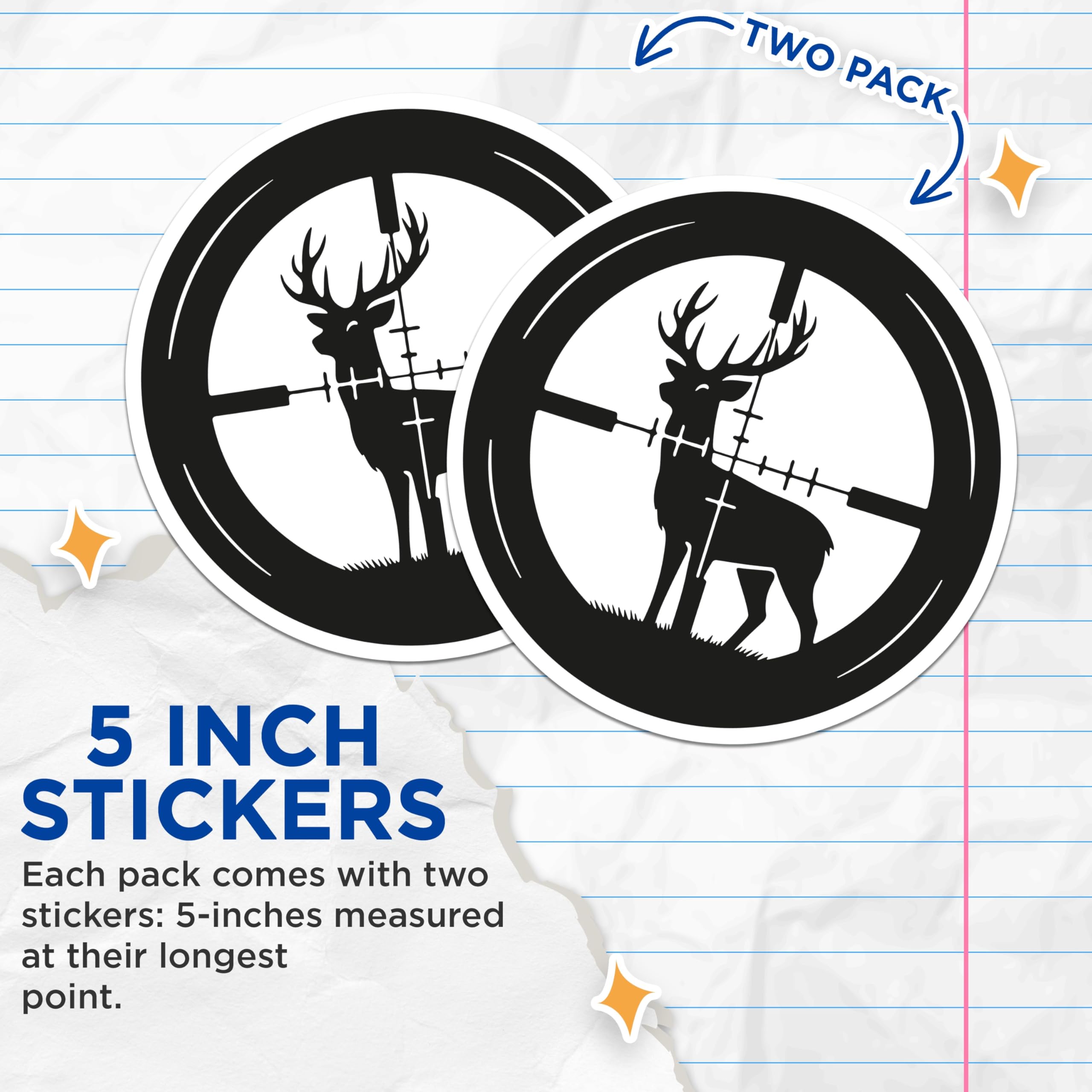 (2 Pack) Deer Hunting Stickers - Rifle Scope Buck - Wildlife Hunter Decal - 5" On Longest Side - Sticks to Smooth Flat Surfaces - Made in USA - BMCS21401