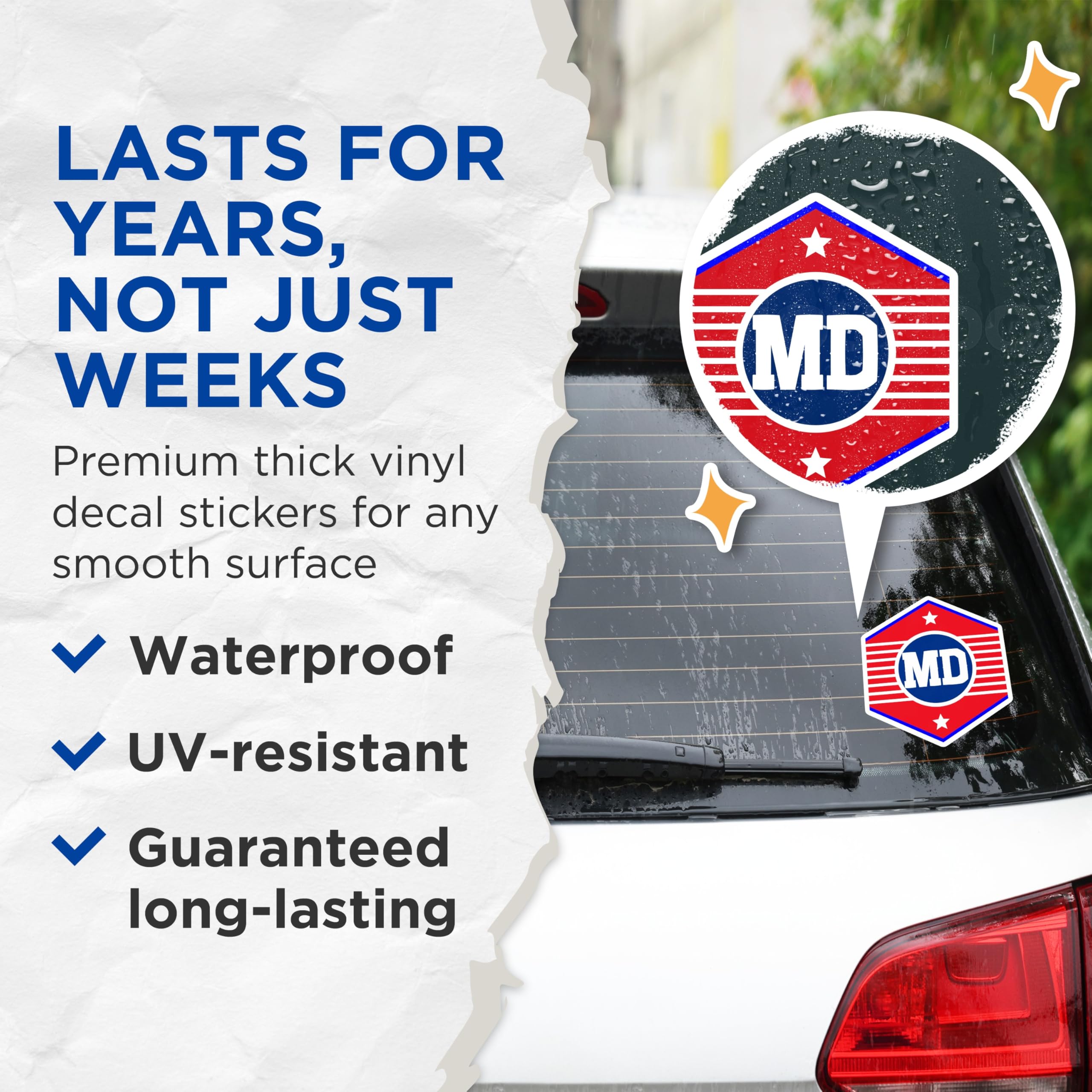 (2 Pack) MD Initial Stickers - Red White and Blue - Letter MD Stickers - 5" On Longest Side - Sticks to Smooth Flat Surfaces - Made in USA - BMCS17735