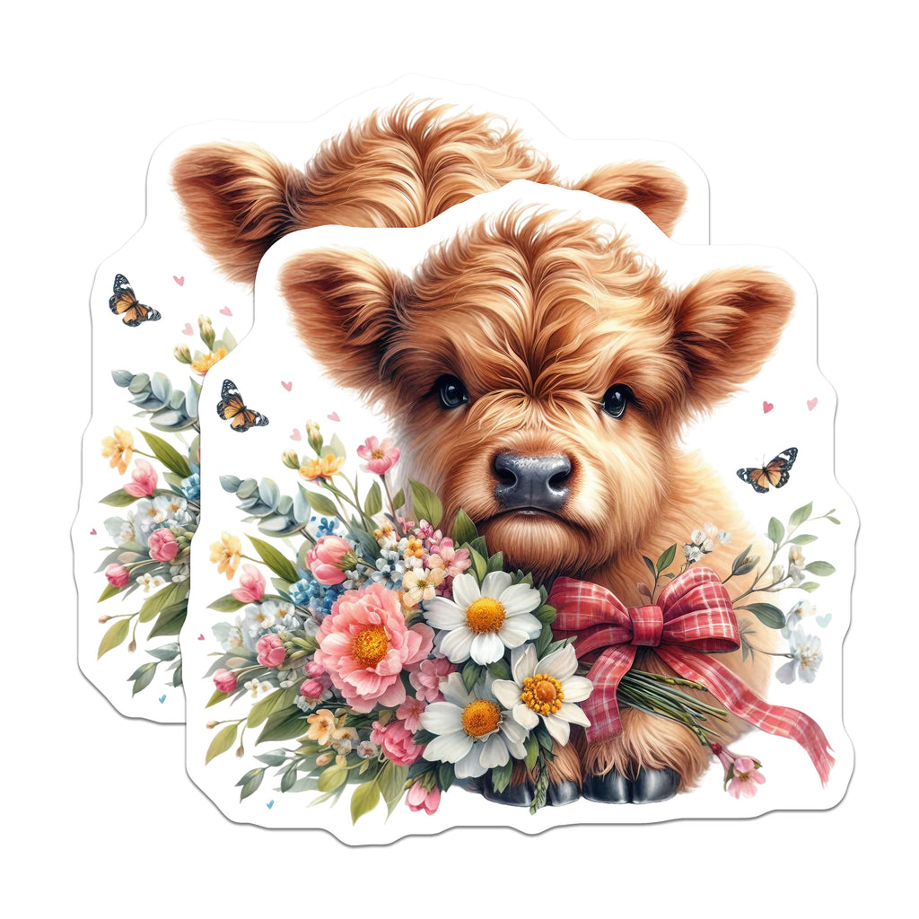 (2 Pack) Highland Cow Magnets - Cute Floral Calf Decor - Farmhouse Refrigerator Animal Lover - 5 Inches On Longest Side - Thick Durable Magnet - Made in USA - MAG36772