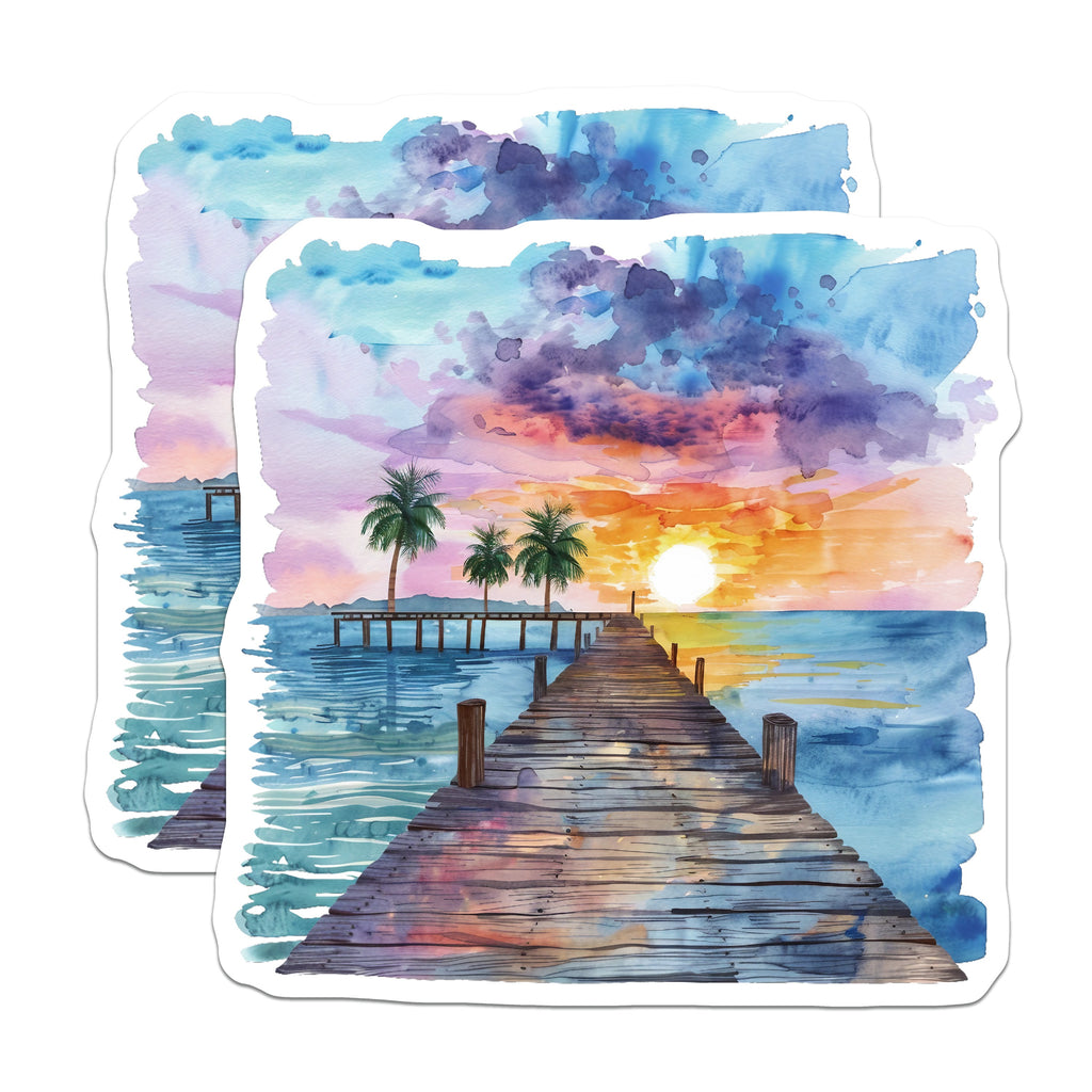 (2 Pack) Tropical Sunset Magnets - Watercolor Beach Scene - Ocean Pier Decor - Coastal Home Fridge Art - 5 Inches On Longest Side - Thick Durable Magnet - Made in USA - MAG36496