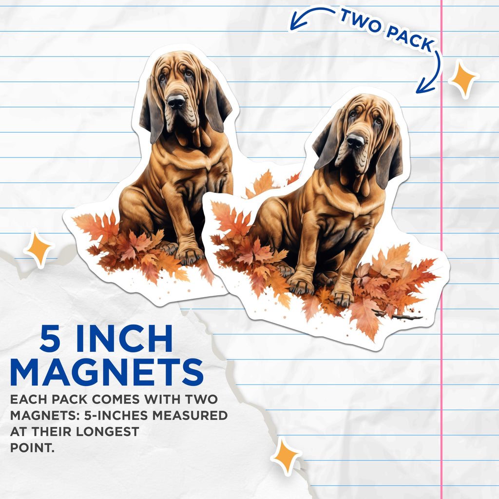 (2 Pack) Bloodhound Dog Magnets - Realistic Autumn Leaves Art - Hound Dog Pet Owner Fridge Decoration - 5 Inches On Longest Side - Thick Durable Magnet - Made in USA - MAG30036