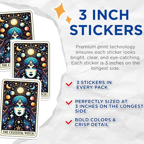 (3 Pack) Celestial Witch Decals - Tarot Card Sticker - Cosmic Woman Laptop Decal - 3 Inches On Longest Side - Easy Peel & Apply - Made in USA - 3MCS4133