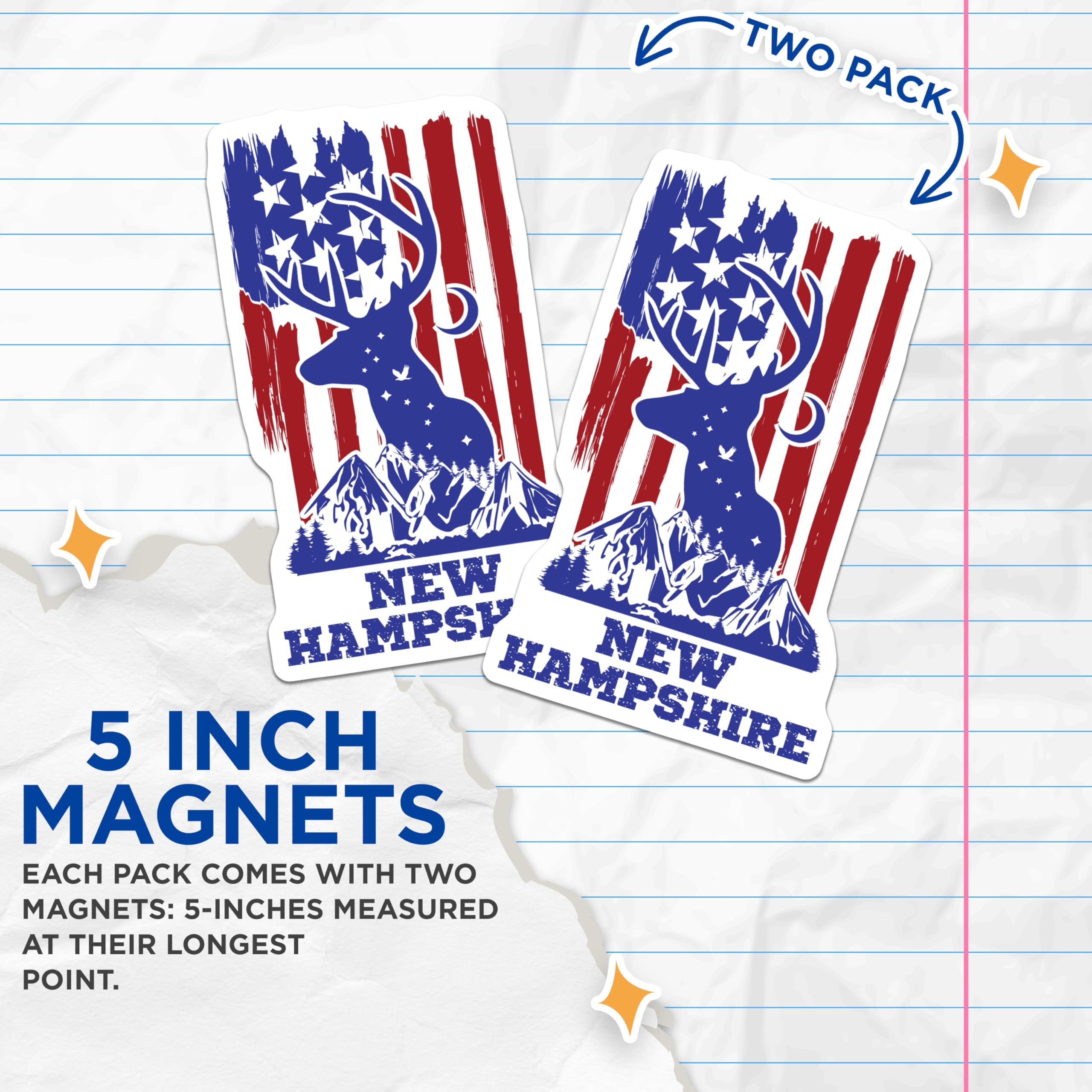 (2 Pack) New Hampshire Magnets - Deer Antler Flag Art - Mountains Forest Hunter Decor - USA State Souvenir - 5 Inches On Longest Side - Thick Durable Magnet - Made in USA - MAG20345