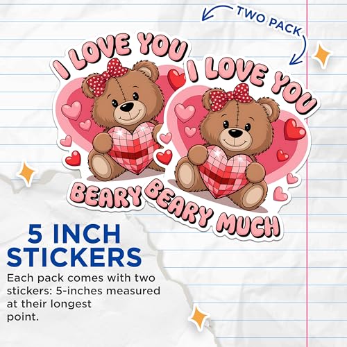 (2 Pack) I Love You Stickers - Beary Much - Cute Bear for Valentine's Day Heart Love - 5" On Longest Side - Sticks to Any Smooth Flat Surface - Made in USA - BMCS2975