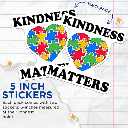 (2 Pack) Kindness Matters Stickers - Autism Awareness - Heart Puzzle Design - 5" On Longest Side - Sticks to Smooth Flat Surfaces - Made in USA - BMCS5615