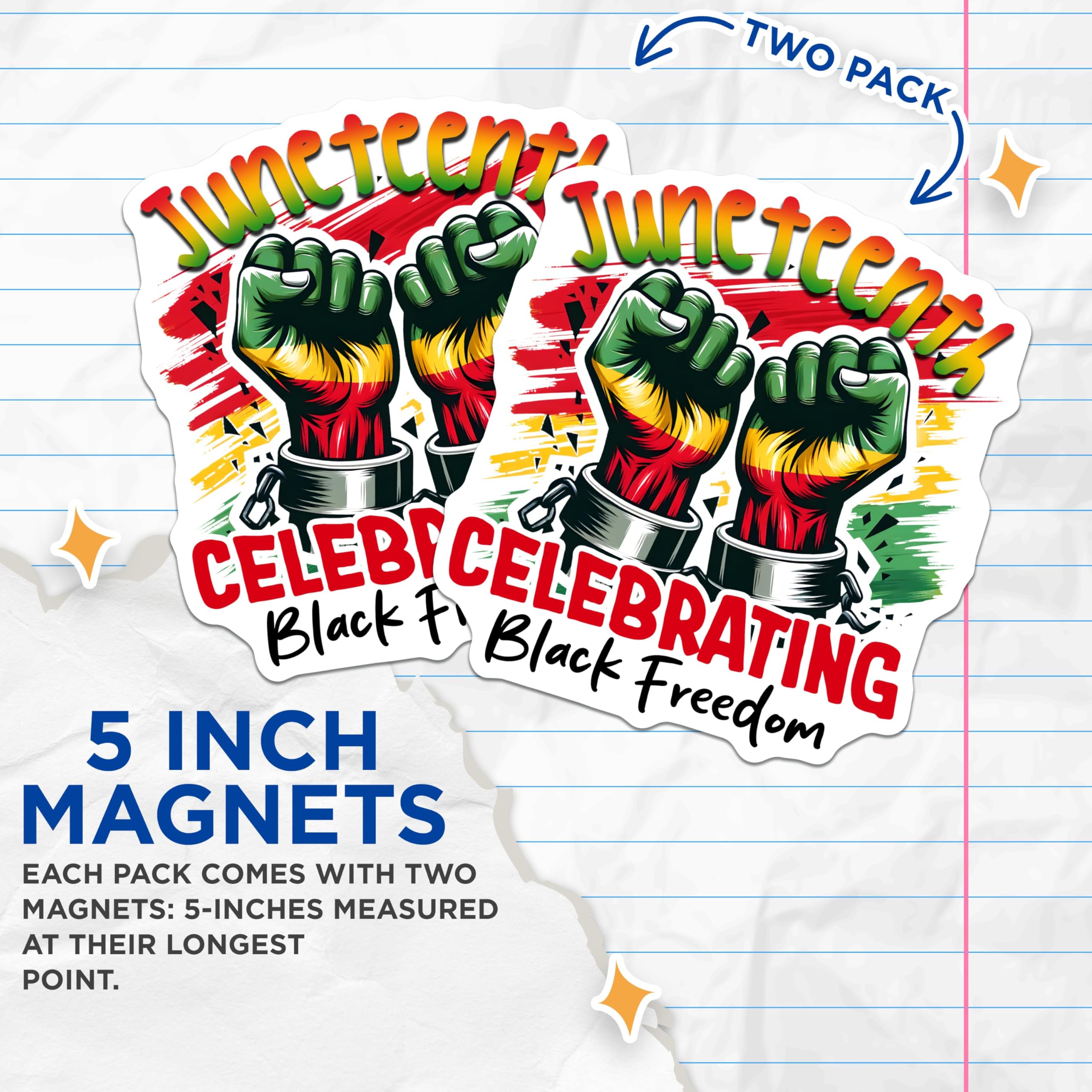 (2 Pack) Juneteenth Celebrating Black Freedom Magnets - Juneteenth Decor - 5" On Longest Side - for Cars, Fridges, Toolboxes - Made in USA - MAG7365