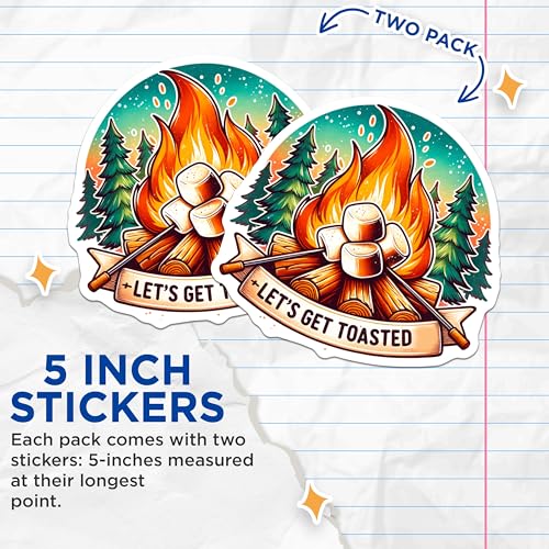 (2 Pack) Let's Get Toasted Stickers - Campfire Marshmallow - Adventure Outdoor Stickers - 5" On Longest Side - Sticks to Smooth Flat Surfaces - Made in USA - BMCS7020