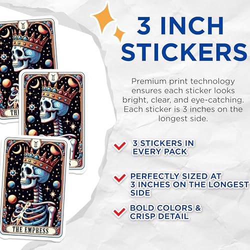 (3 Pack) The Empress Tarot Card Decals - Skeleton Empress Decals - Mystical Astrology Stickers - 3 Inches On Longest Side - Easy Peel & Apply - Made in USA - 3MCS4171