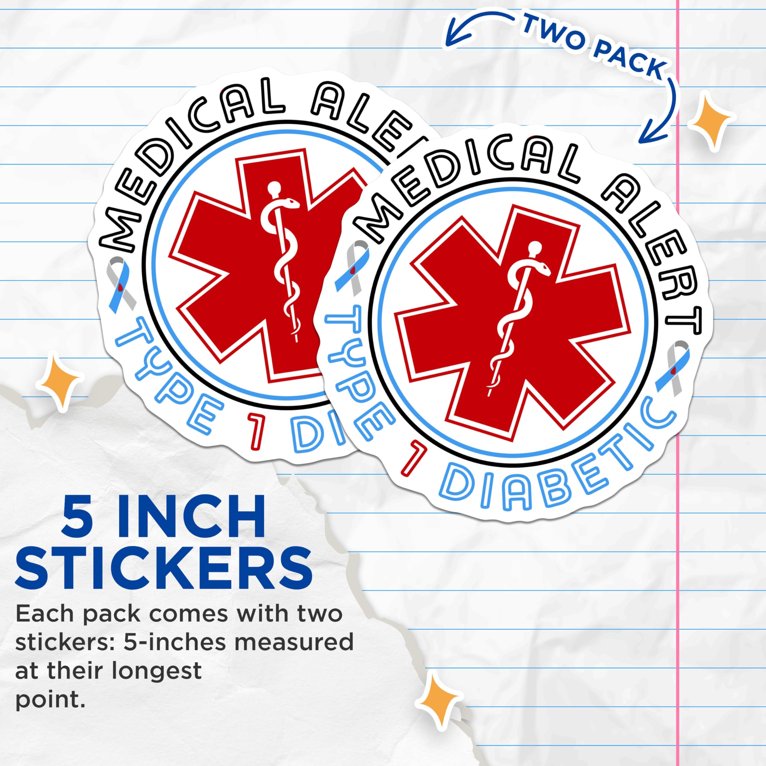 (2 Pack) Medical Alert Type 1 Diabetic Stickers - Emergency Awareness Decals - Health Alert Labels - 5" On Longest Side - Sticks to Smooth Flat Surfaces - Made in USA - BMCS6257
