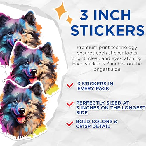 (3 Pack) Colorful Dog Decals - Artistic Dog Portrait - Laptop Decal - 3 Inches On Longest Side - Easy Peel & Apply - Made in USA - 3MCS0764