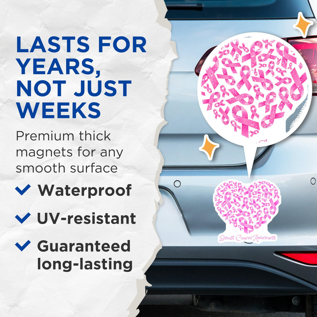 (2 Pack) Breast Cancer Awareness Magnets - Pink Ribbon Magnets - Heart Shape Magnets for Awareness Support - 5" On Longest Side - for Cars, Refrigerators, Toolboxes, Lockers - Made in USA BMCS3369