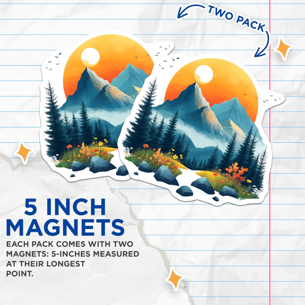 (2 Pack) Mountain Landscape Magnets - Pine Forest Sunrise Scene - Nature Lover Refrigerator Decor - Aesthetic Art - 5 Inches On Longest Side - Thick Durable Magnet - Made in USA - MAG26091