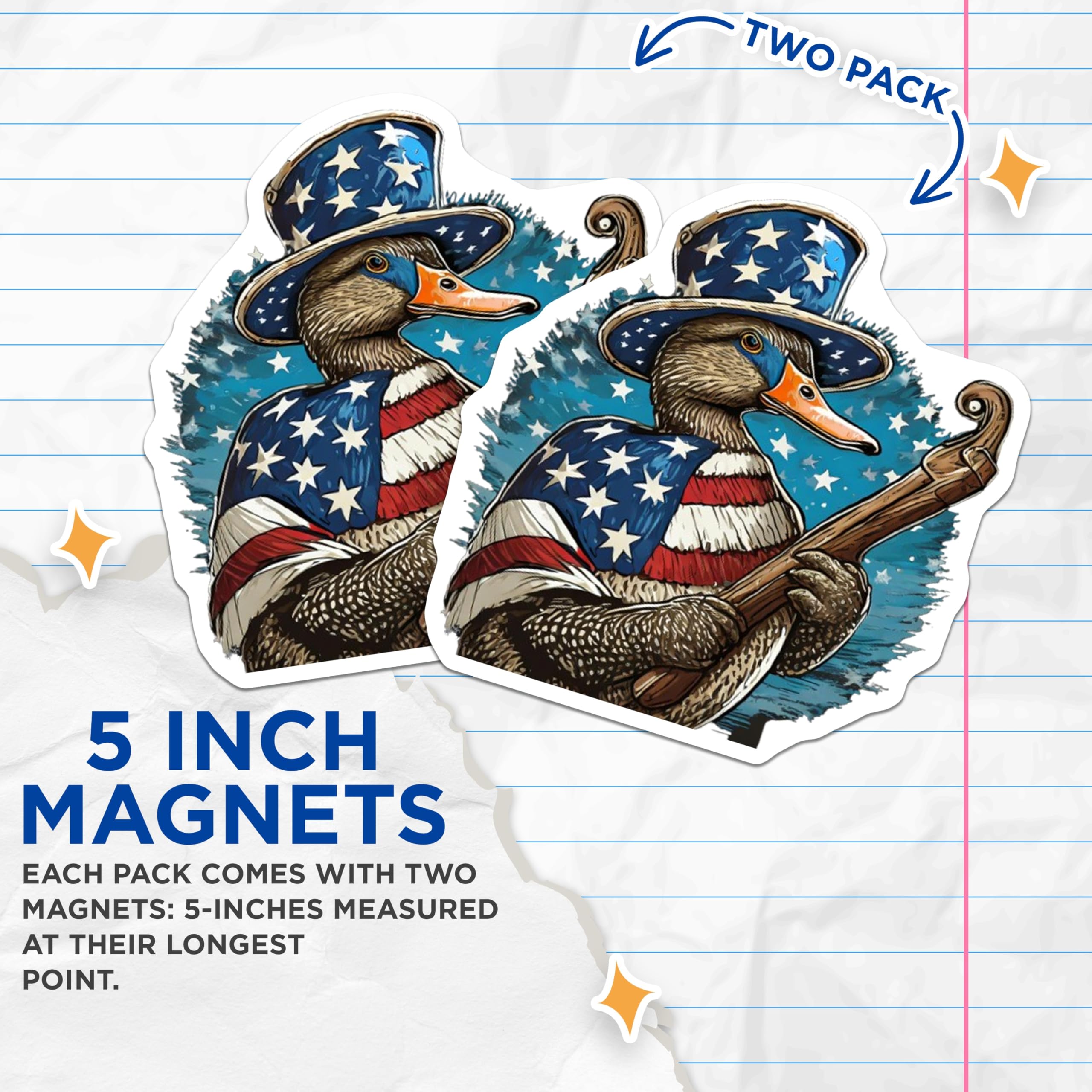 (2 Pack) Patriotic Duck Magnets - American Flag Banjo Art - Uncle Sam Animal Decor - 5 Inches On Longest Side - Thick Durable Magnet - Made in USA - MAG22722