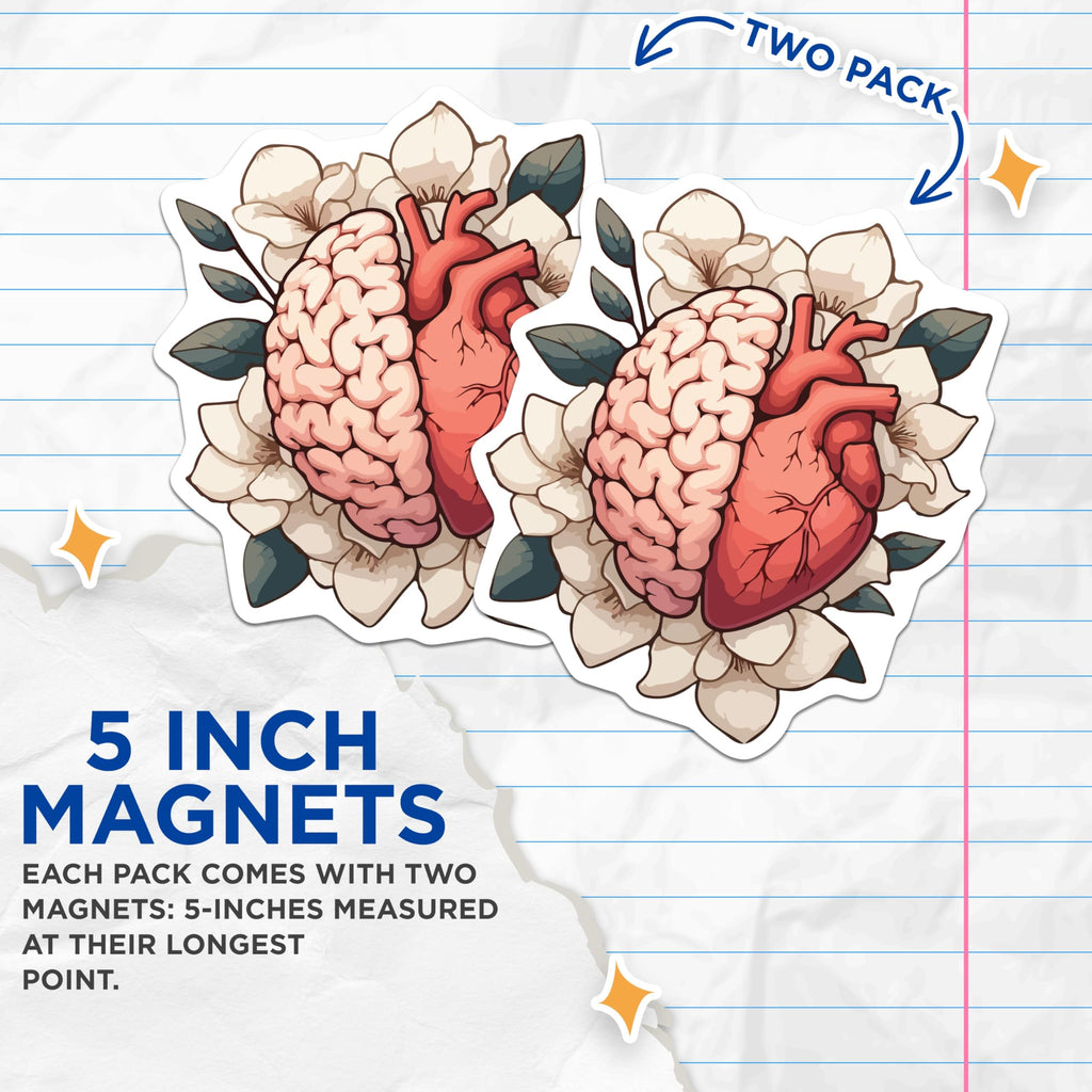 (2 Pack) Anatomical Brain Heart Magnets - Floral Mind Emotion Balance Art - Magnolia Flower Medical Science Decor - 5 Inches On Longest Side - Thick Durable Magnet - Made in USA - MAG19737