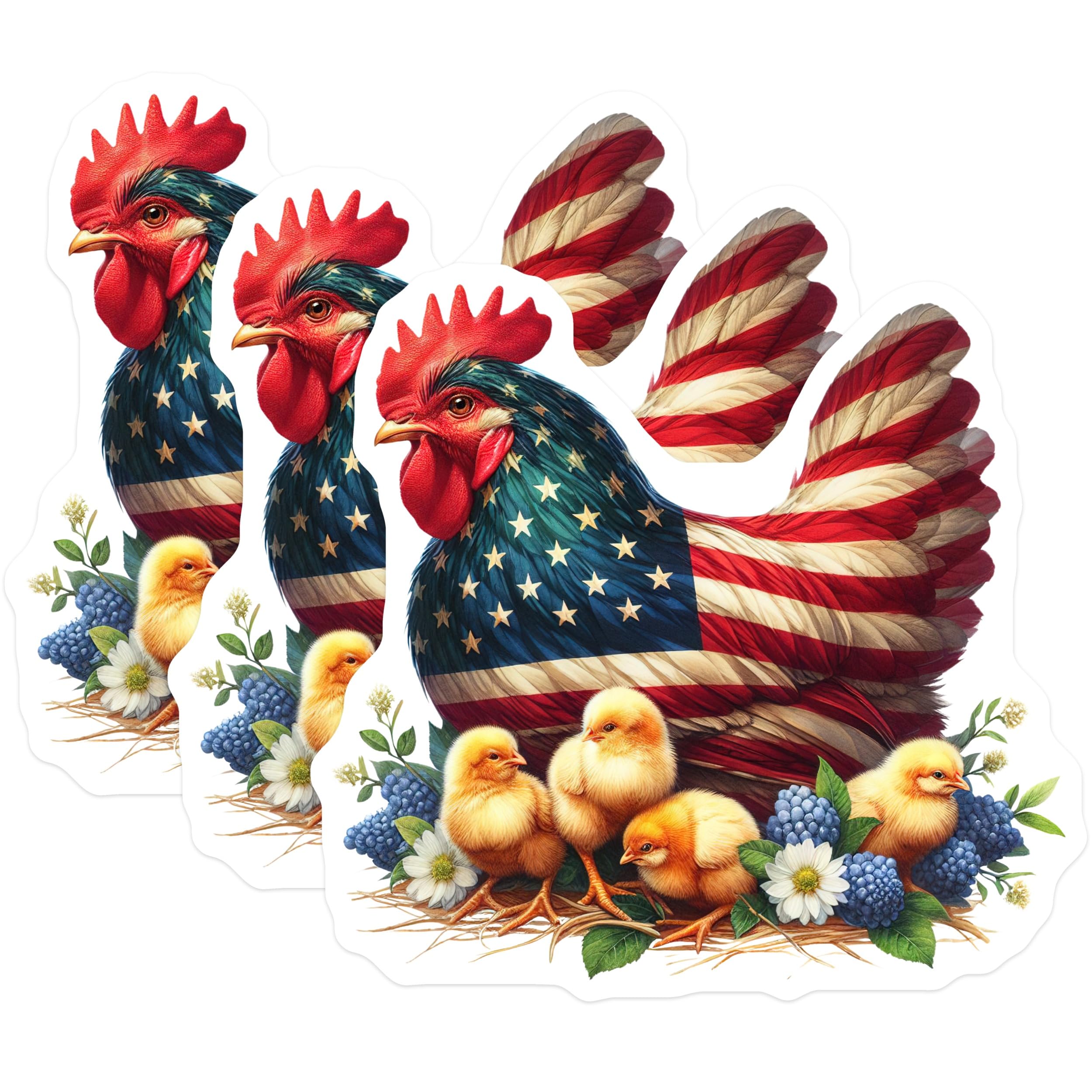 (3 Pack) American Chicken Decals - USA Flag Patriotic - Baby Chicks Laptop Decor- 3 Inches On Longest Side - Easy Peel & Apply - Made in USA - 3MCS5260