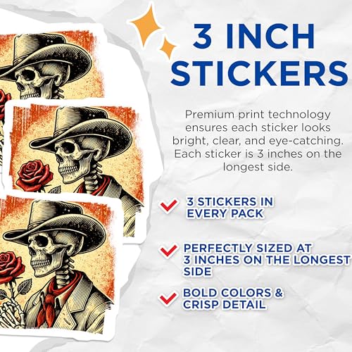 (3 Pack) Cowboy Skeleton Decals - Rose Flower - Laptop Decals - 3 Inches On Longest Side - Easy Peel & Apply - Made in USA - 3MCS4451