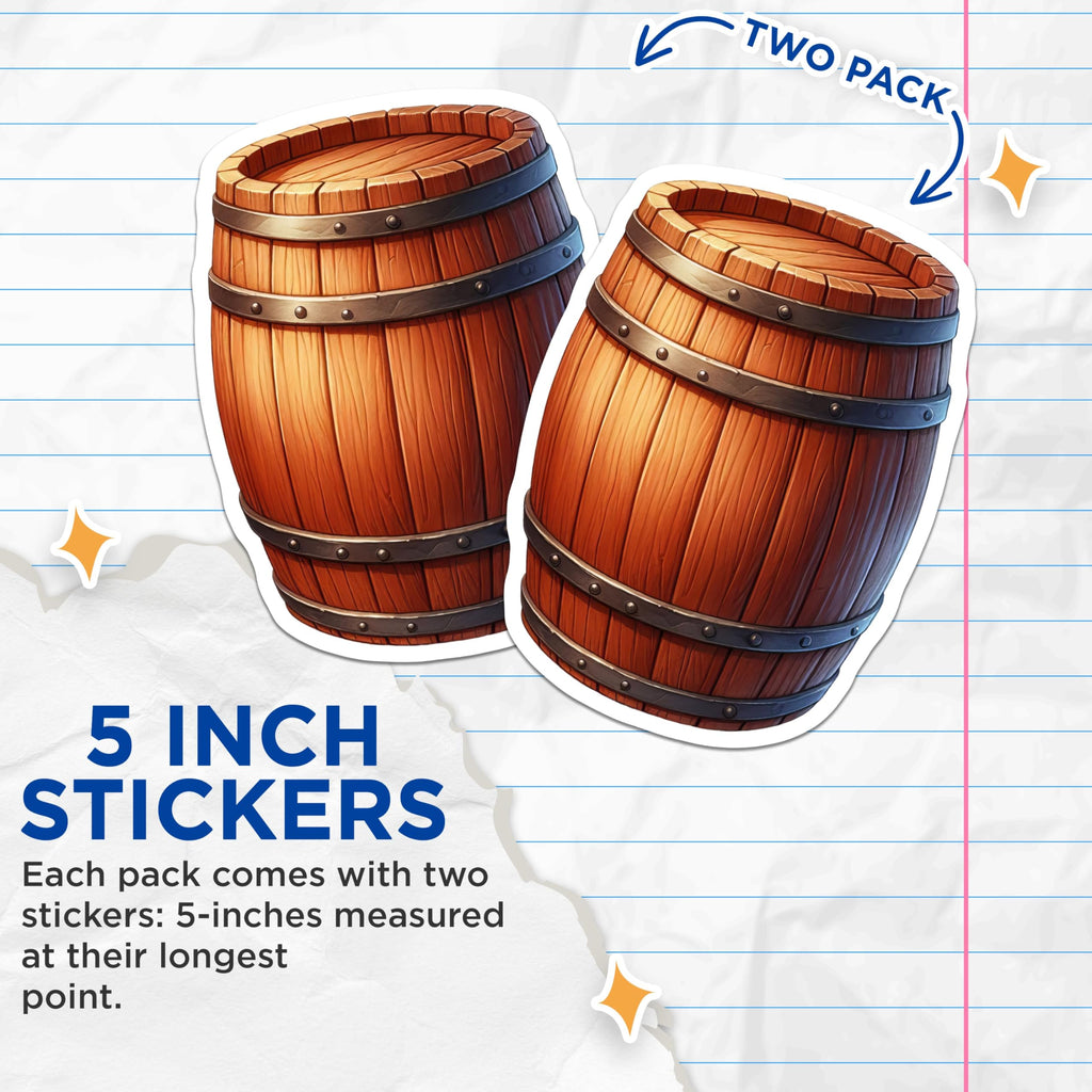 (2 Pack) Barrel Stickers - Wooden Keg - Rustic Vintage Design - 5" On Longest Side - Sticks to Smooth Flat Surfaces - Made in USA - BMCS6656