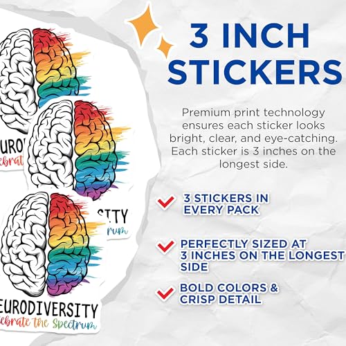 (3 Pack) Neurodiversity Decals - Celebrate Spectrum - Brain Art Decals - 3 Inches On Longest Side - Easy Peel & Apply - Made in USA - 3MCS0053