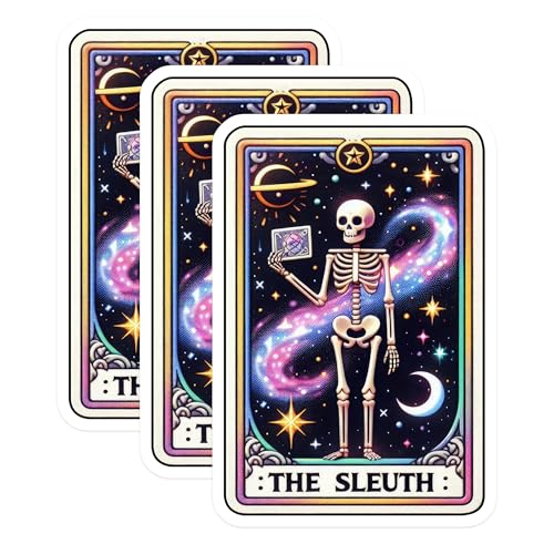 (3 Pack) Sleuth Skeleton Decals - Tarot Card Stickers - Celestial Detective Decals - 3 Inches On Longest Side - Easy Peel & Apply - Made in USA - 3MCS4266