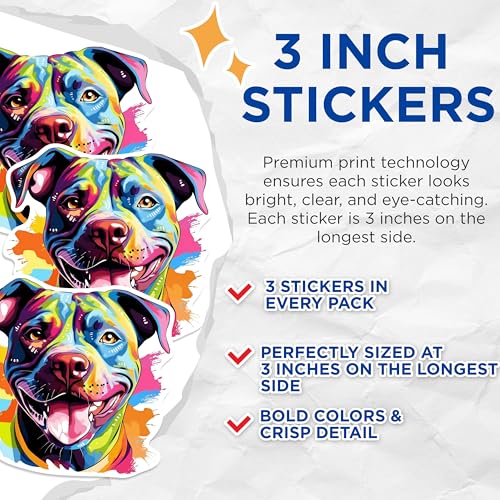 (3 Pack) Pitbull Decals - Colorful Dog Art - Laptop Decal - 3 Inches On Longest Side - Easy Peel & Apply - Made in USA - 3MCS0837