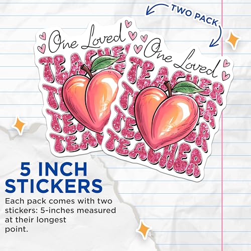 (2 Pack) One Loved Teacher Stickers - Teacher Appreciation - Education - 5" On Longest Side - Sticks to Smooth Flat Surfaces - Made in USA - BMCS7648