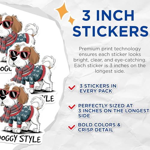 (3 Pack) Doggy Style Decals - Cool Dog Sticker - Dog with Sunglasses - 3 Inches On Longest Side - Easy Peel & Apply - Made in USA - 3MCS6392
