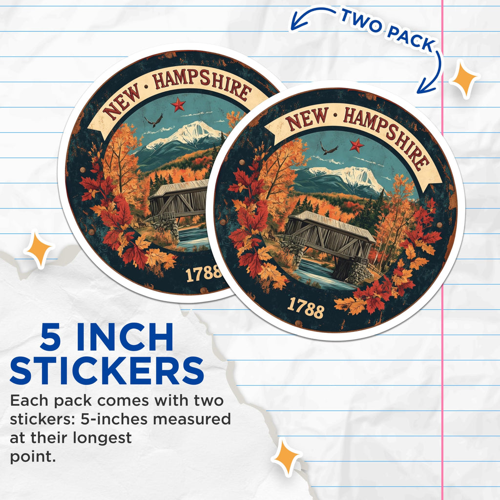(2 Pack) New Hampshire Stickers - Autumn Foliage - Covered Bridge - Travel Souvenir - 5" On Longest Side - Sticks to Smooth Flat Surfaces - Made in USA - BMCS15664