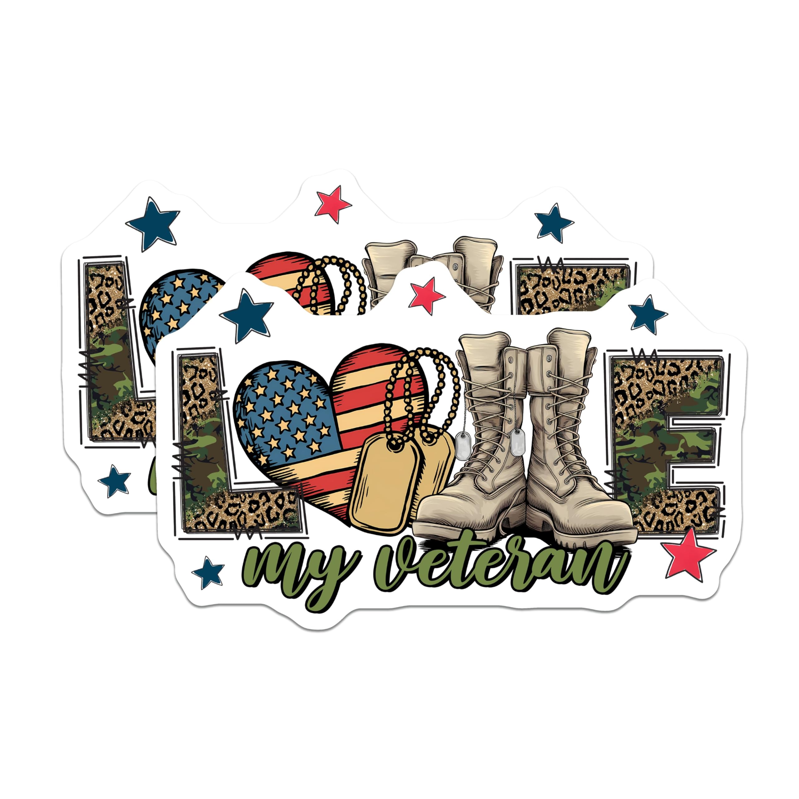 (2 Pack) Patriotic Love My Veteran Stickers - Military Tribute - Armed Forces Support Decals - 5" On Longest Side - Sticks to Smooth Flat Surfaces - Made in USA - BMCS8361
