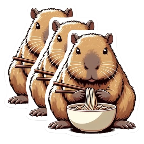 (3 Pack) Capybara Ramen Decals - Laptop Decals - Cute Rodent Stickers - 3 Inches On Longest Side - Easy Peel & Apply - Made in USA - 3MCS8670
