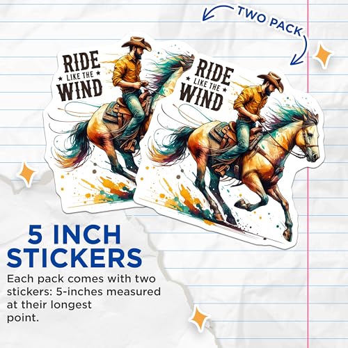 (2 Pack) Ride Like The Wind Stickers - Cowboy Riding Horse - Horse Riding Decals - 5" On Longest Side - Sticks to Smooth Flat Surfaces - Made in USA - BMCS6926