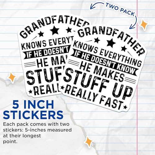 (2 Pack) Grandfather Knows Everything Stickers - Funny Grandpa Quote - Father's Day Humor Sticker - 5" On Longest Side - Sticks to Smooth Flat Surfaces - Made in USA - BMCS6098