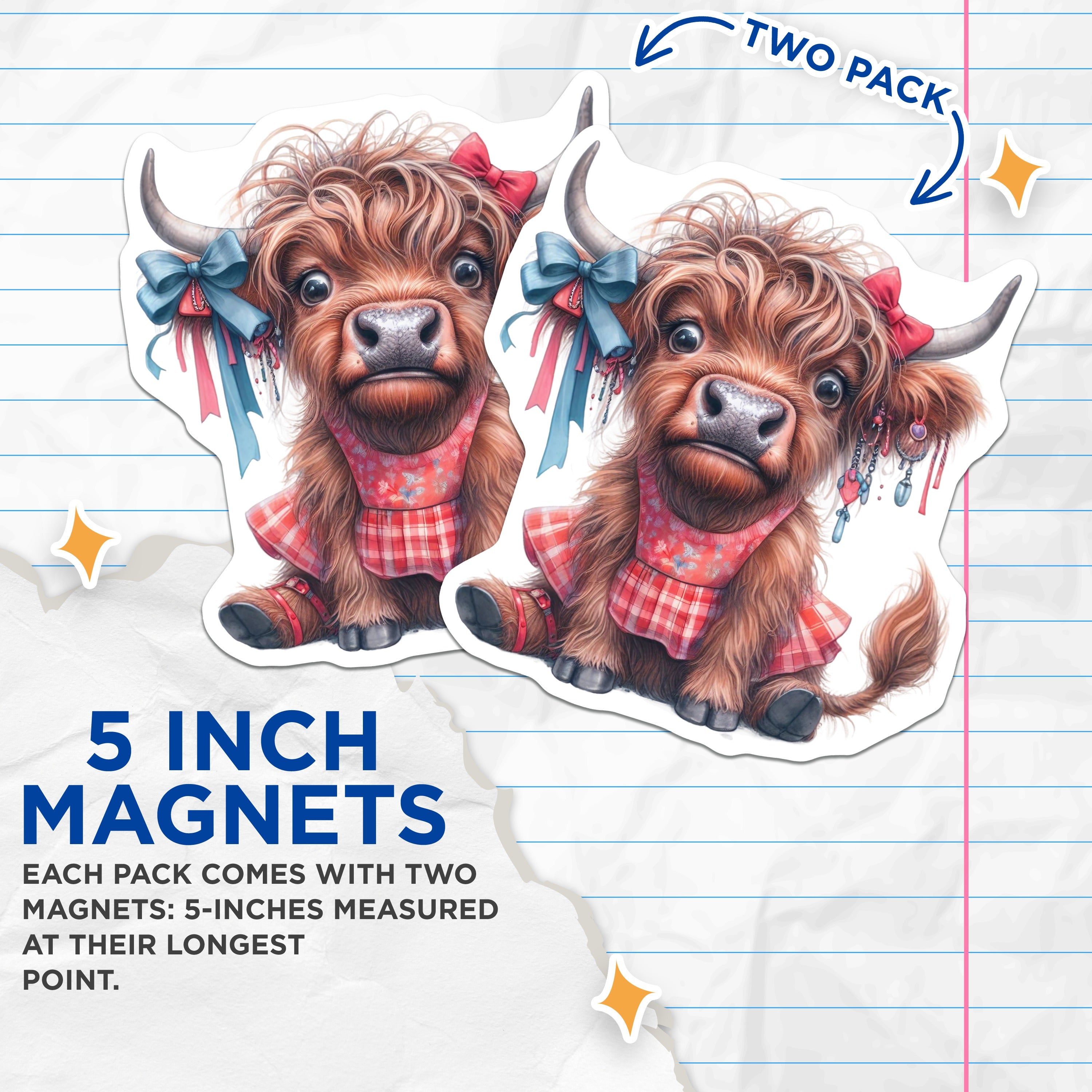 (2 Pack) Cute Highland Cow Magnets - Farm Animal Decor - Refrigerator Art for Home - 5 Inches On Longest Side - Thick Durable Magnet - Made in USA - MAG37982