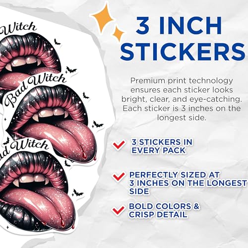 (3 Pack) Bad Witch Lips Decals - Halloween Vampire - Gothic Laptop Decal - 3 Inches On Longest Side - Easy Peel & Apply - Made in USA - 3MCS0865