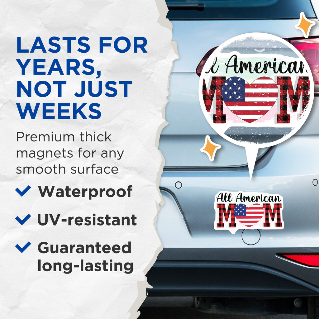 (2 Pack) All American Mom Refrigerator Magnets - Patriotic USA Flag Decor - Buffalo Plaid Heart - Mothers Day Home Kitchen - 5 Inches On Longest Side - Thick Durable Magnet - Made in USA - MAG39067