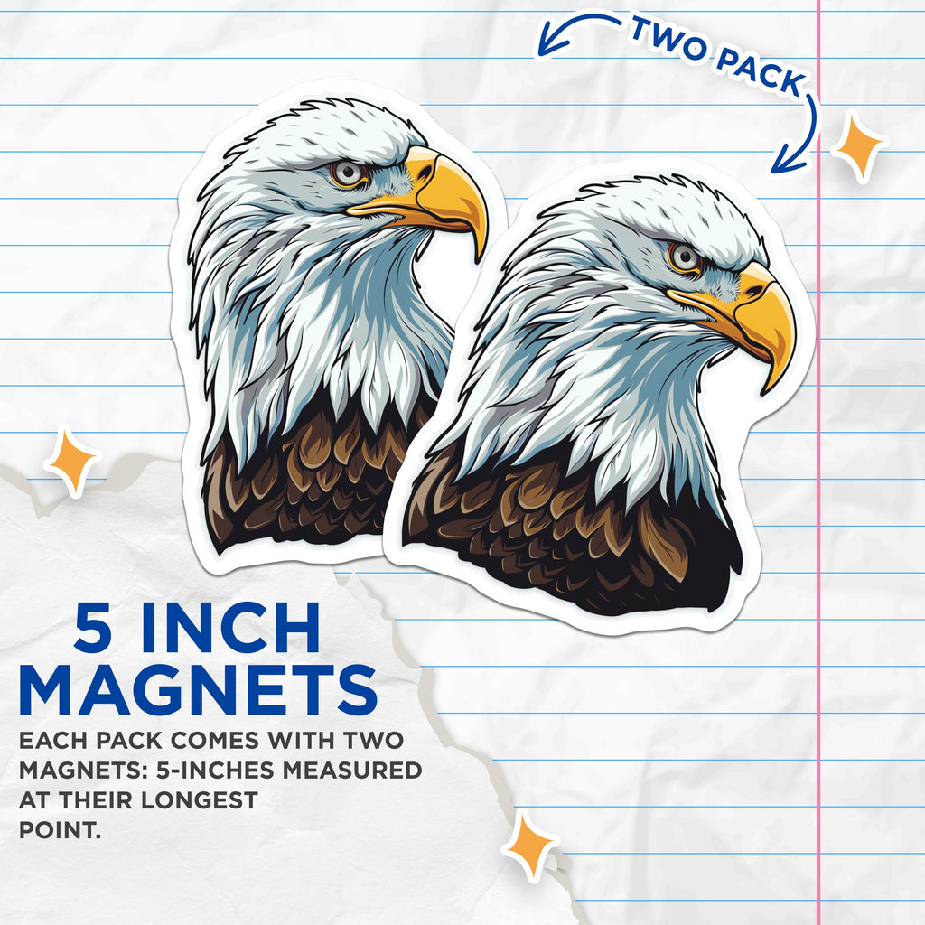 (2 Pack) Bald Eagle Head Magnets - American Wildlife Symbol - Patriotic Home Decor - 5 Inches On Longest Side - Thick Durable Magnet - Made in USA - MAG36346