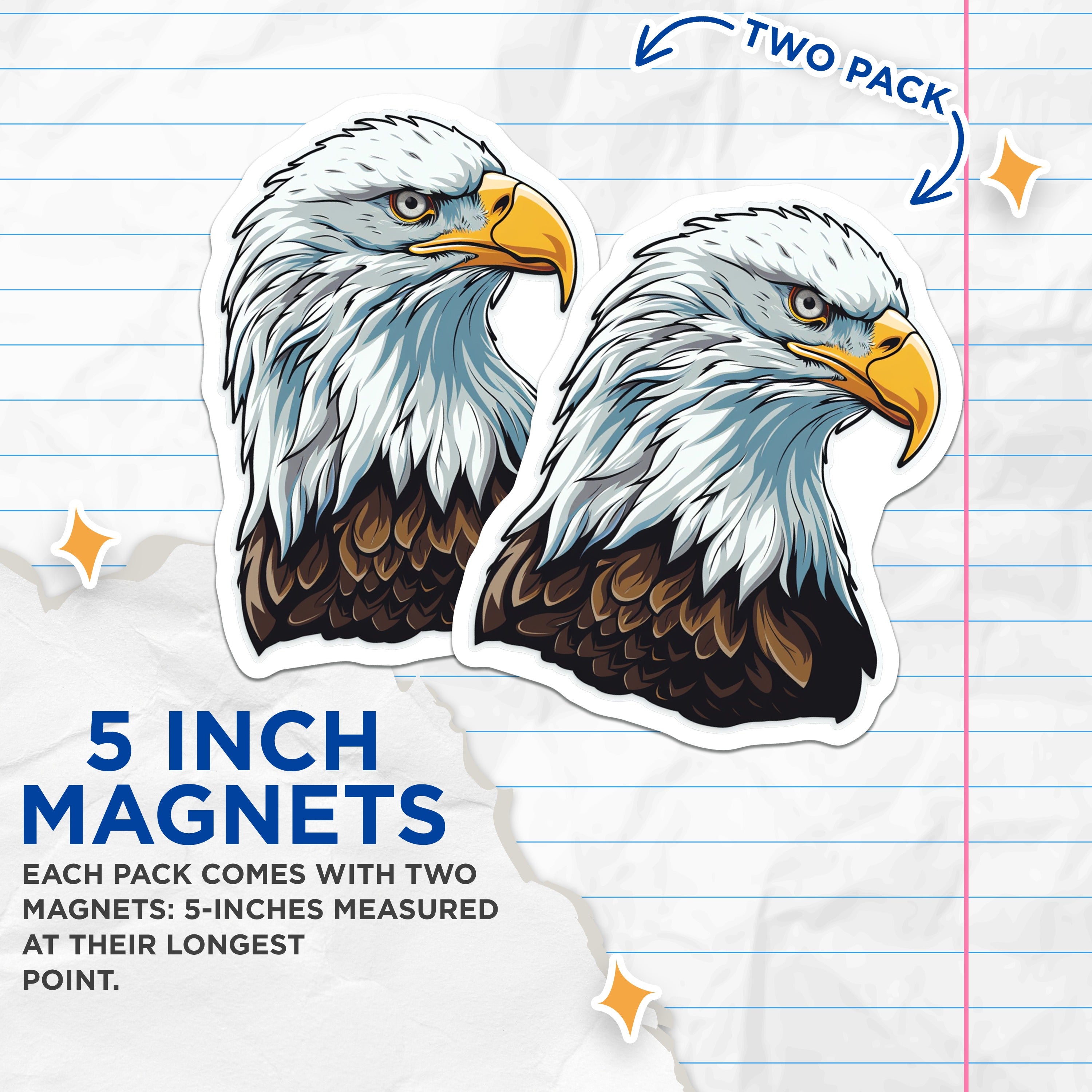 (2 Pack) Bald Eagle Head Magnets - American Wildlife Symbol - Patriotic Home Decor - 5 Inches On Longest Side - Thick Durable Magnet - Made in USA - MAG36346