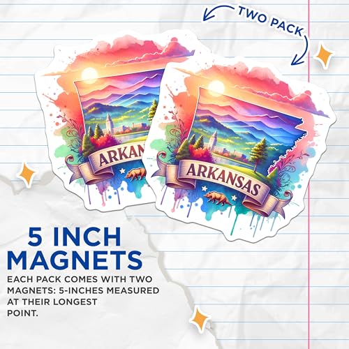 (2 Pack) Arkansas State Magnets - Colorful Mosaic - Scenic Landscape Silhouette - 5" On Longest Side - for Cars, Fridges, Toolboxes - Made in USA - MAG6630
