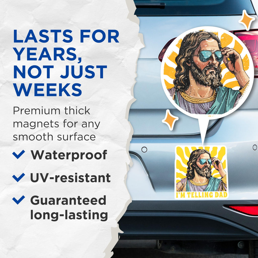 (2 Pack) Funny Jesus Magnets - Cool Christ Sunglasses Meme - I'm Telling Dad Humor Refrigerator Magnets - 5 Inches On Longest Side - Thick Durable Magnet - Made in USA - MAG24124