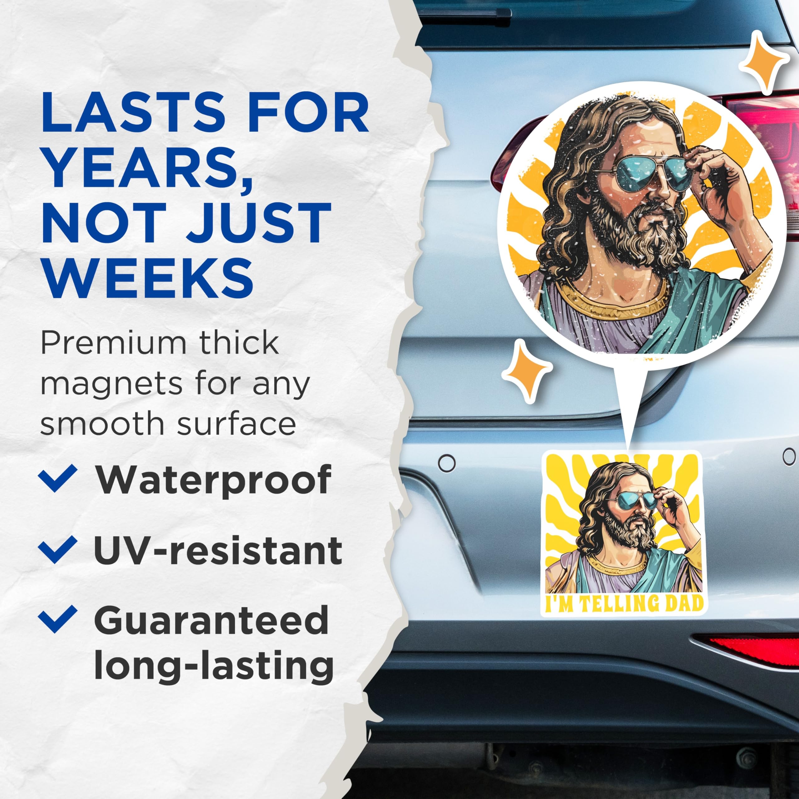 (2 Pack) Funny Jesus Magnets - Cool Christ Sunglasses Meme - I'm Telling Dad Humor Refrigerator Magnets - 5 Inches On Longest Side - Thick Durable Magnet - Made in USA - MAG24124